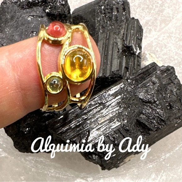 Jewel tone crystals luxury gold cuff ring adjustable/ art deco silhouette boho - Picture 1 of 6